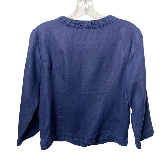 Chico’s Linen Ruffle Jacket Navy Blue Snap Front Cardigan Women’s Size O=Small - Picture 2 of 6